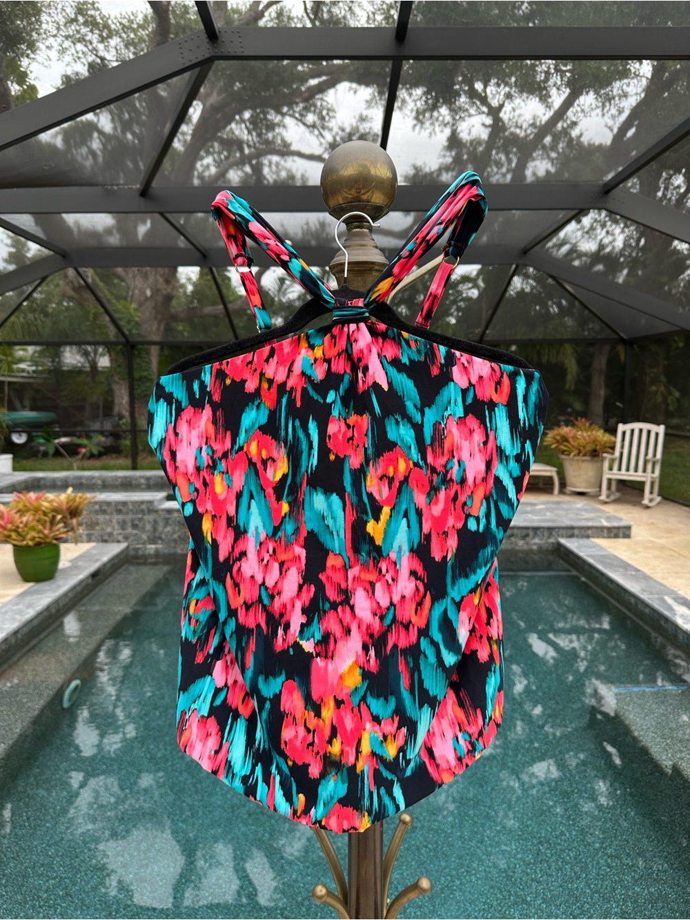 Aqua Green Women's Tankini Top - L - Vibrant Floral Adjustable Strapped Halter